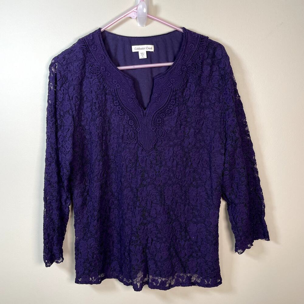 COLDWATER CREEK Womens Purple Floral Lace Cottage Core V Neck Pullover Size Lg